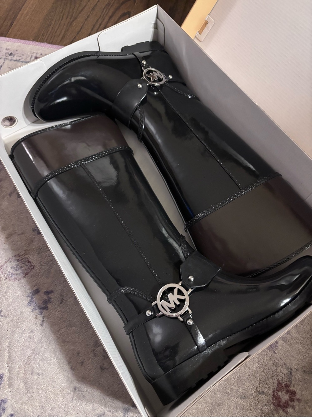 Michael Kors Glossy Black Knee-High Rain Boots with MK Emblem